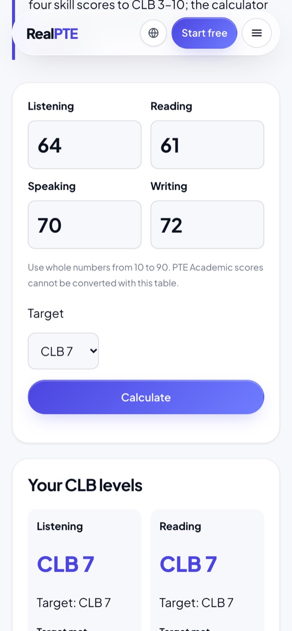 PTE Core CLB calculator with skill score fields and per-skill results on a phone