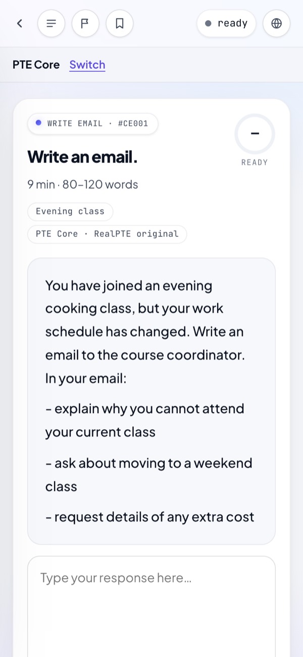PTE Core Write Email prompt and response field on a phone