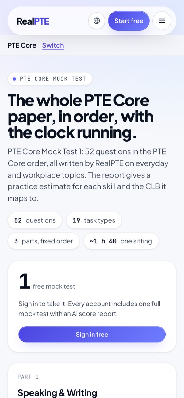 RealPTE PTE Core mock test screen on a phone